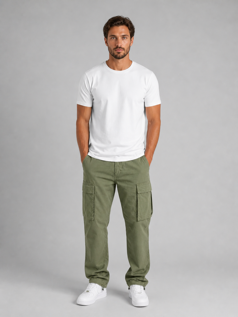 Man wearing the relaxed cargo trousers in army green – front view