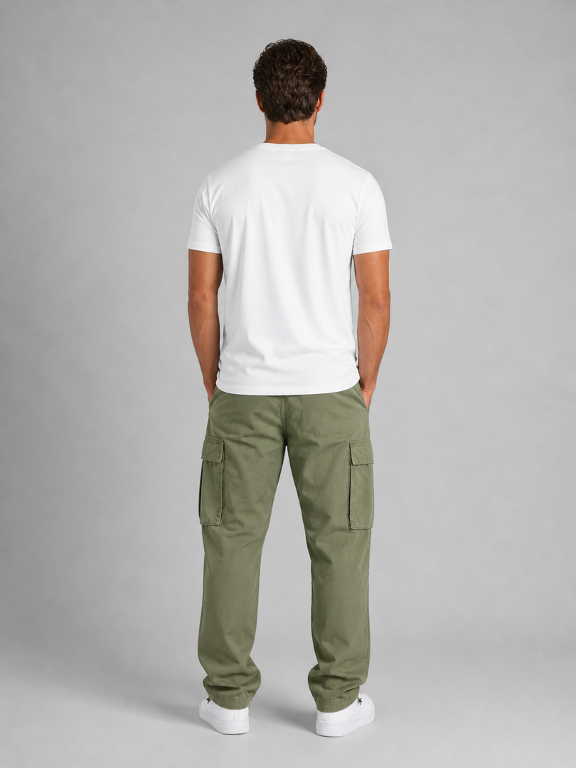 Man wearing the relaxed cargo trousers in army green – back view