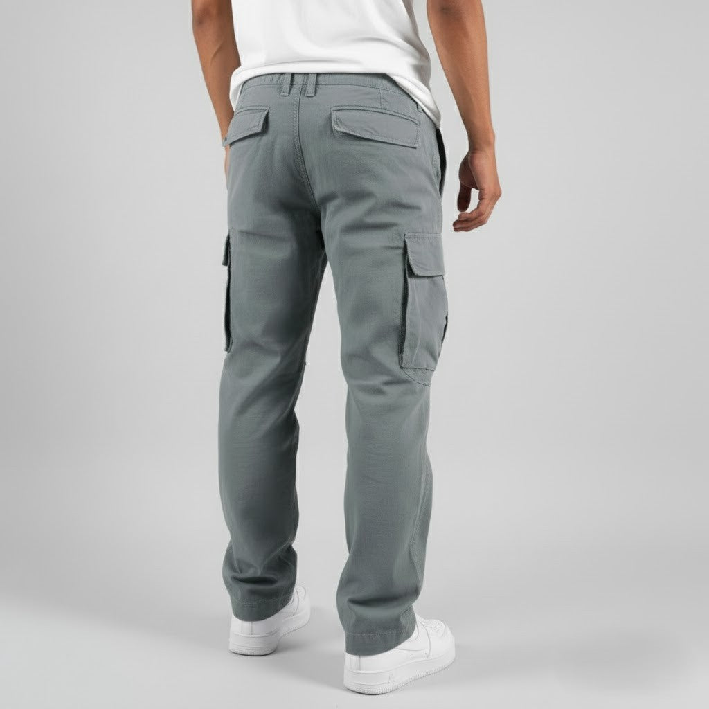 Man wearing the relaxed fit cargo trousers in grey – back view
