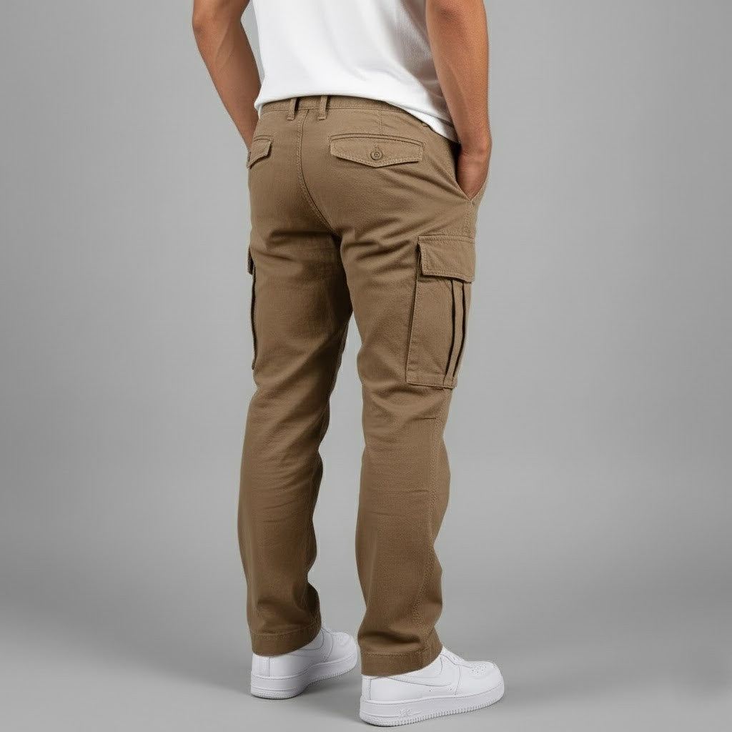 Man wearing the relaxed fit cargo trousers in brown – back view