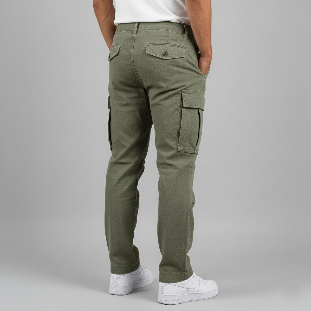 Man wearing the relaxed fit cargo trousers in dark green – back view