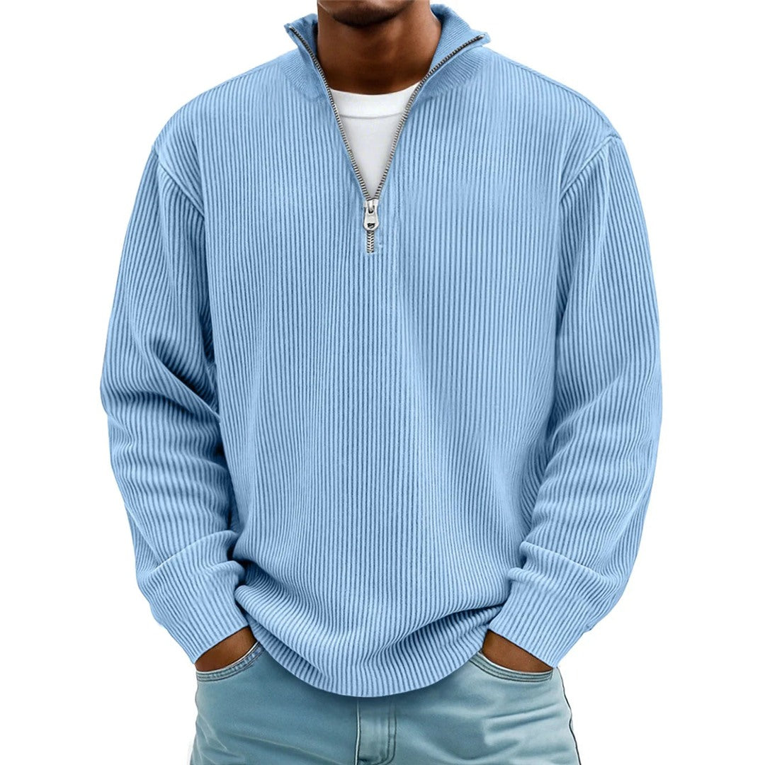 Men's Ribbed Half-Zip Stand Collar Sweater in light blue