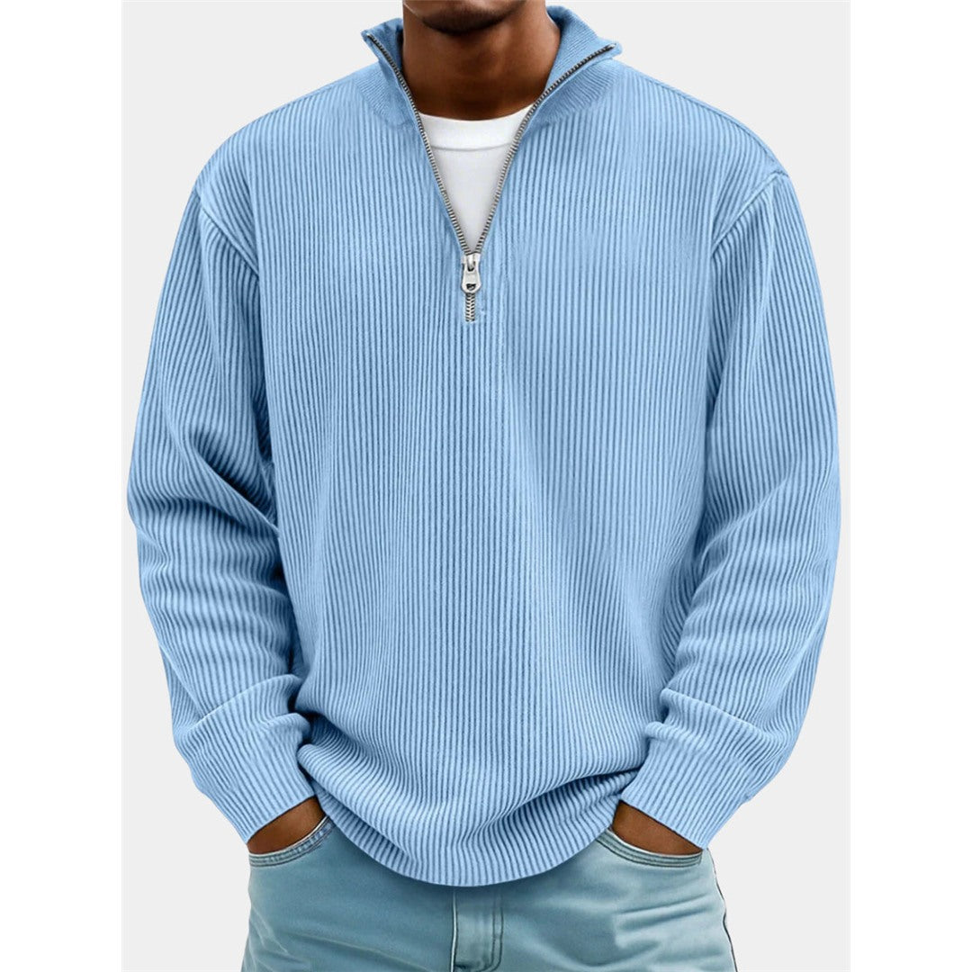 Men's Ribbed Half-Zip Stand Collar Sweater in light blue, front view
