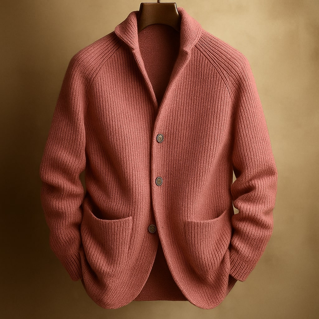 Men's Ribbed Shawl Collar Cardigan in coral