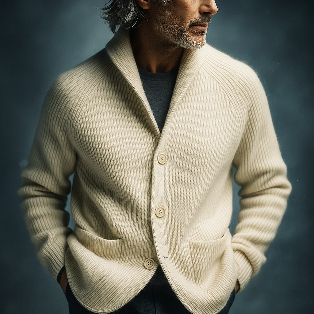 Man wearing the ribbed shawl collar cardigan in cream