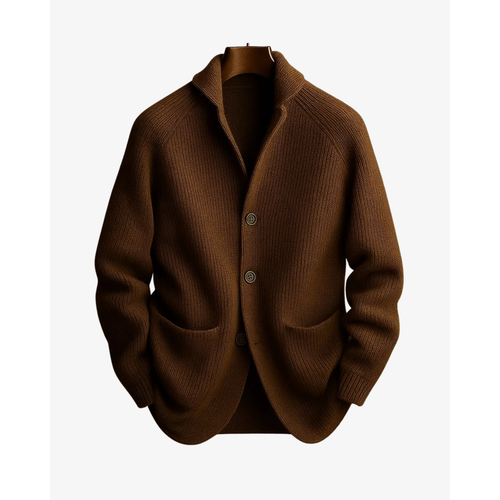 Men's shawl collar knit cardigan in brown – front view