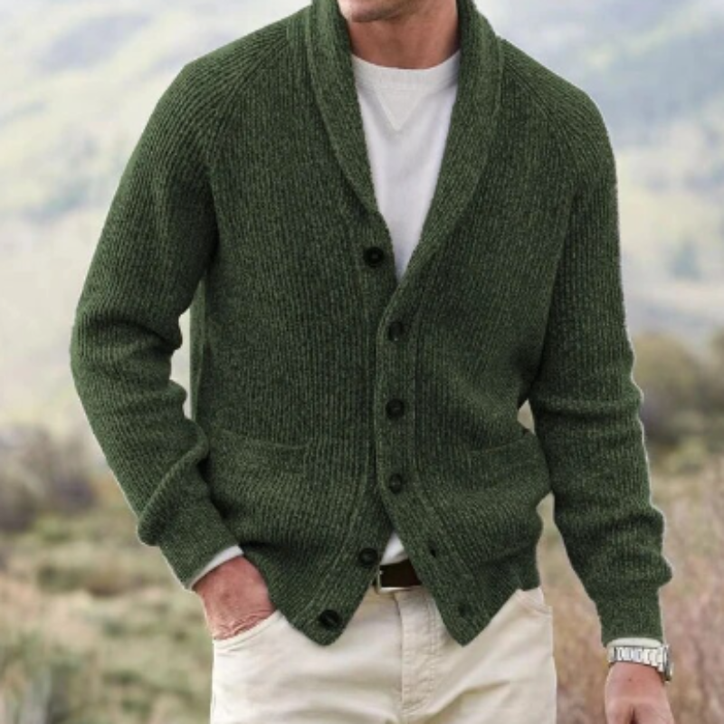 Men's shawl collar knit cardigan in olive green – front view