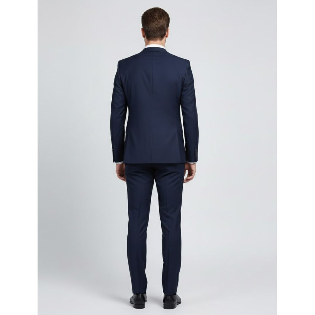Men's slim fit two-piece suit in navy, back view