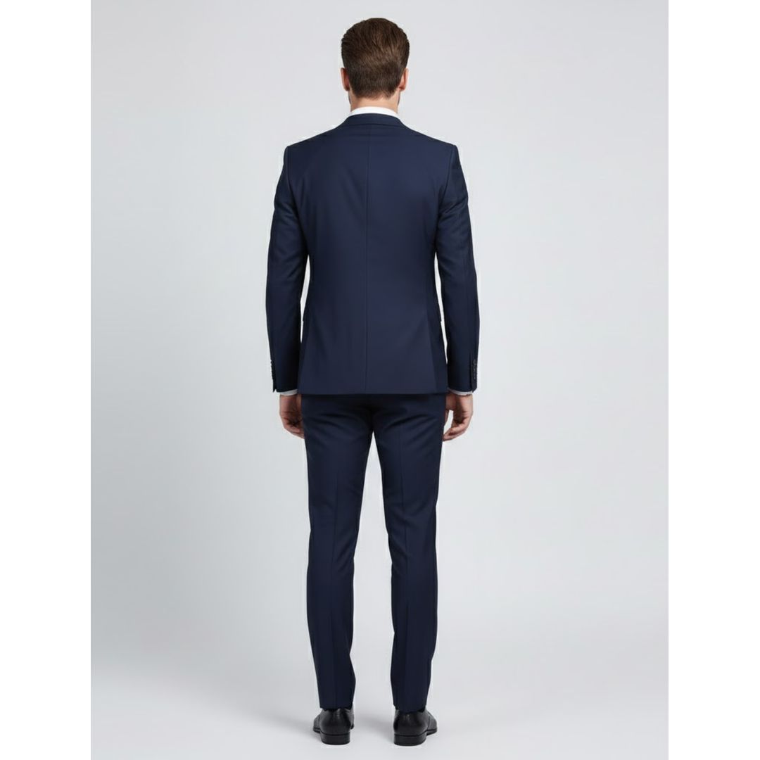 Men's slim fit two-piece suit in navy, back view