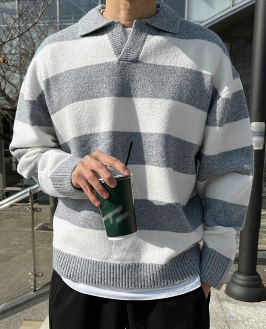 Men's Striped Knit Polo Sweater with Open Collar in 3 Colors