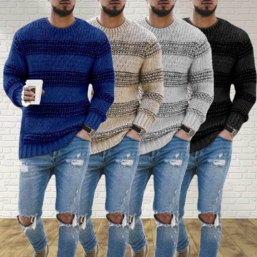 Men's striped knit sweater in blue, khaki, grey and black