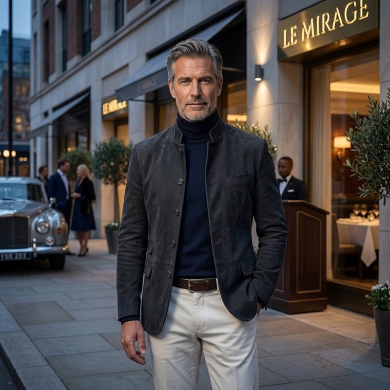 Men's structured knit cardigan with button front in dark grey – full-length look