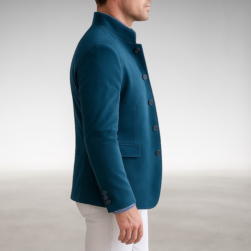 Men's structured knit cardigan with button front in blue – styled look