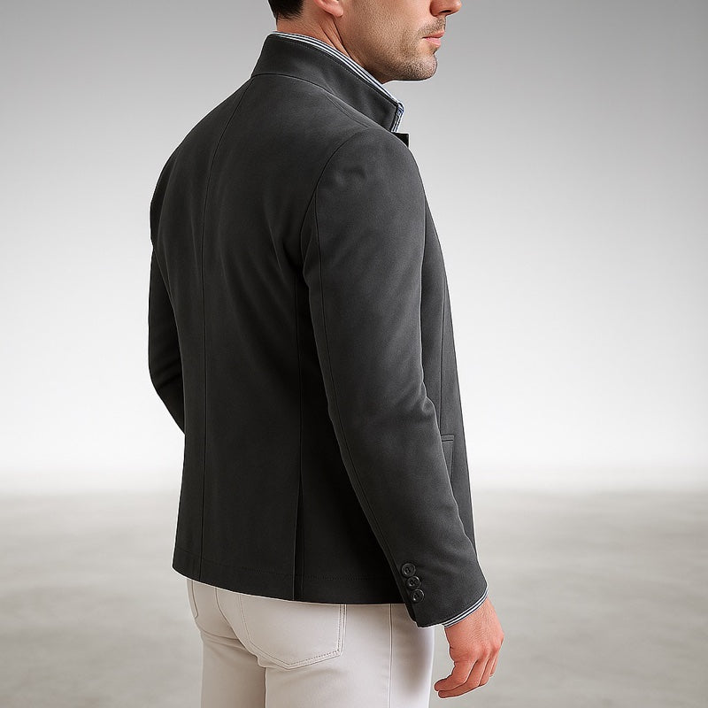 Men's structured knit cardigan with button front in dark grey – outfit view