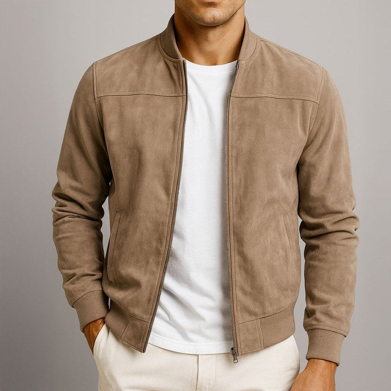 Men's suede look bomber jacket in brown – front view