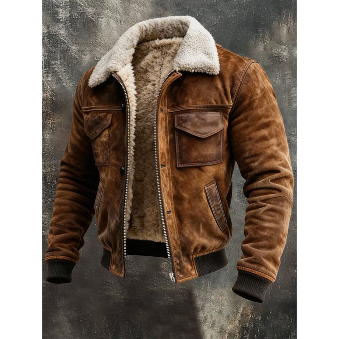 Men's suede-look bomber jacket with teddy collar in brown