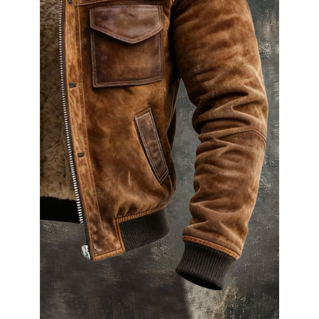 Men's suede-look bomber jacket with teddy collar, sleeve detail
