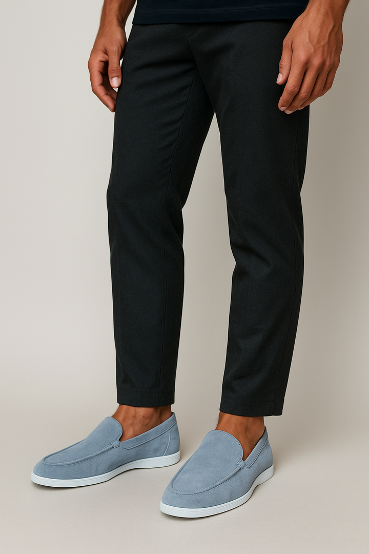 Men's suede-look loafers in light blue – worn