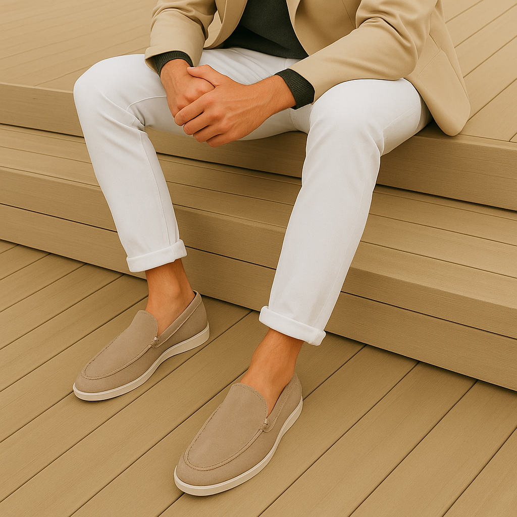 Men's suede-look loafers in khaki – worn