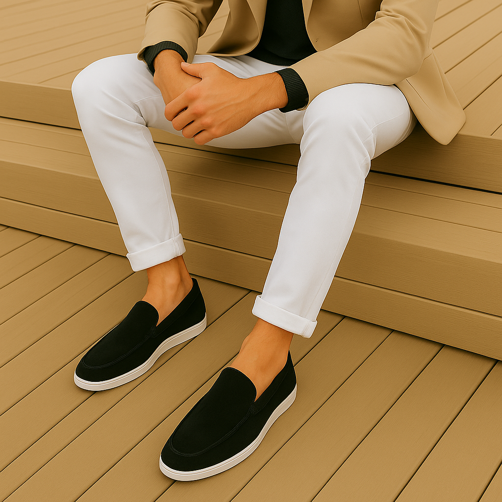 Men's suede-look loafers in black – worn