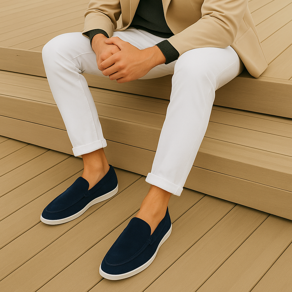 Men's suede-look loafers in navy – worn