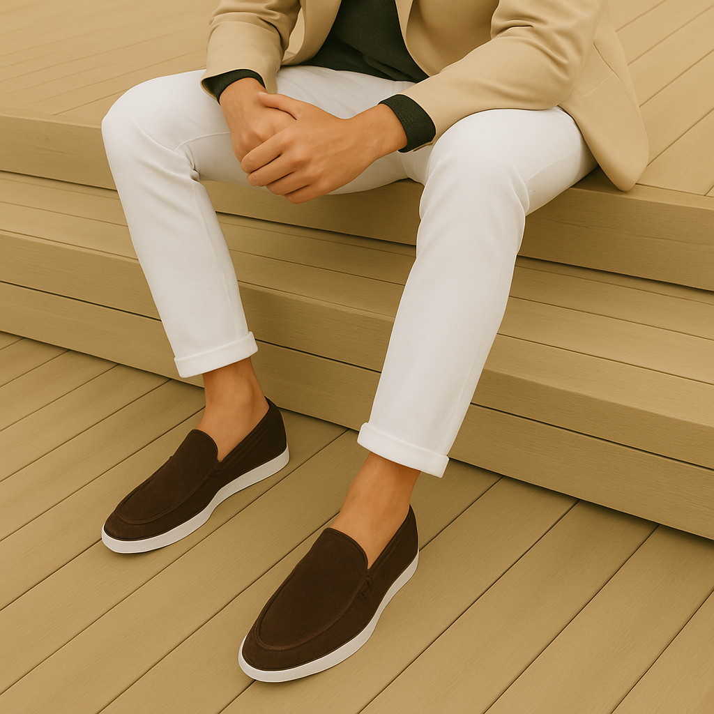Men's suede-look loafers in brown – worn
