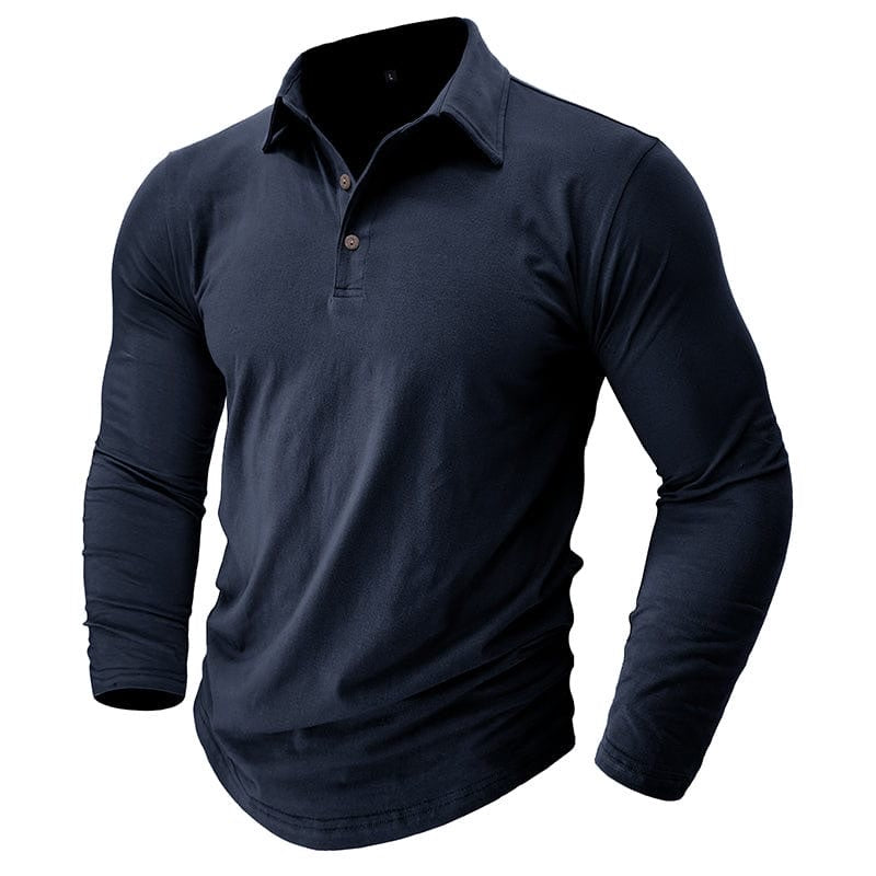 Men's tailored long sleeve polo shirt in navy – second front view
