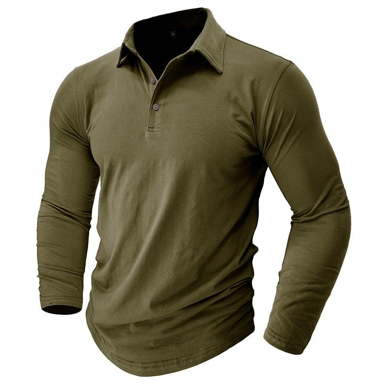 Men's tailored long sleeve polo shirt in army green – second front view