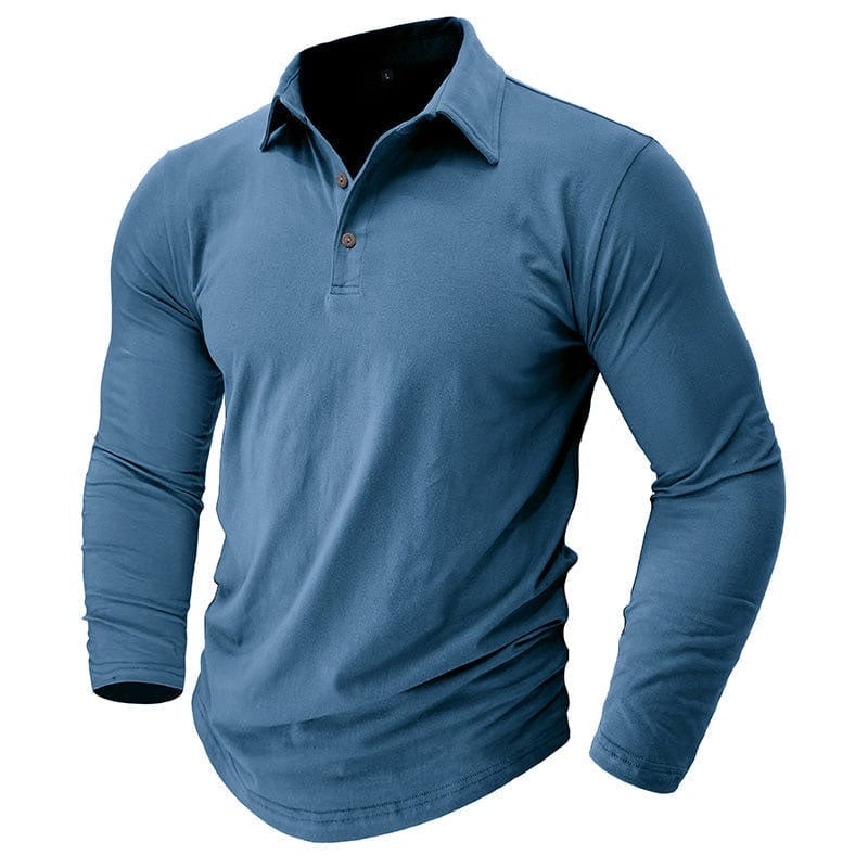 Men's tailored long sleeve polo shirt in blue – second front view
