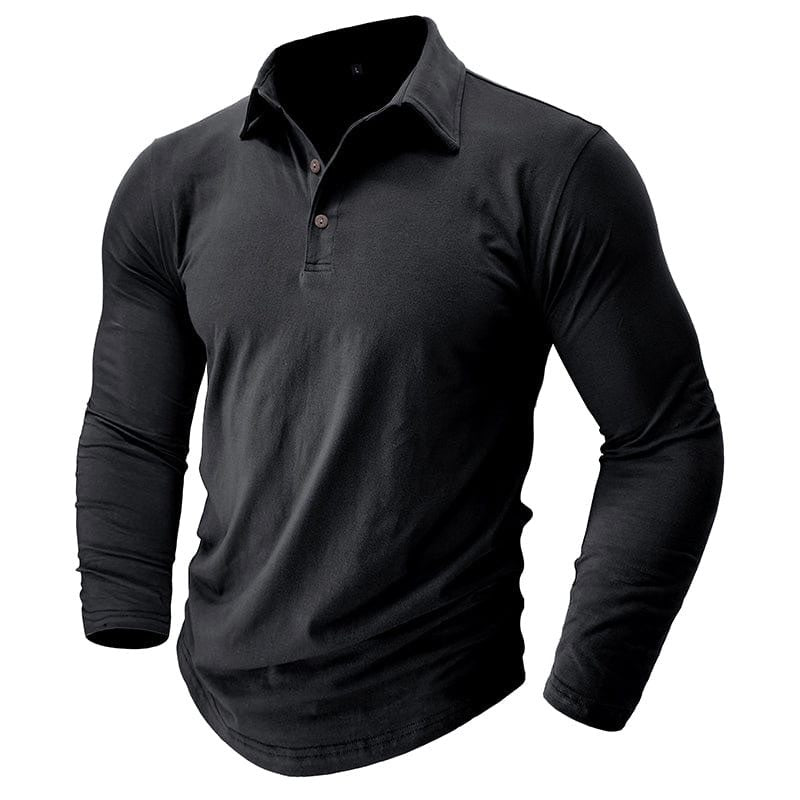 Men's tailored long sleeve polo shirt in black – second front view