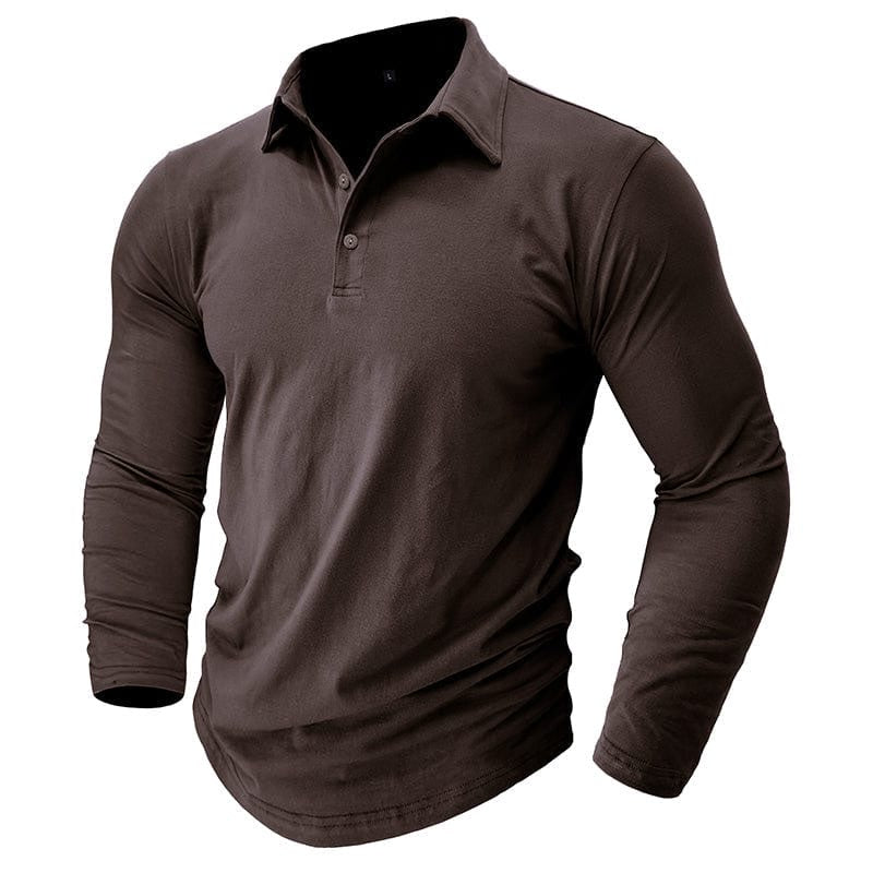 Men's tailored long sleeve polo shirt in brown – second front view