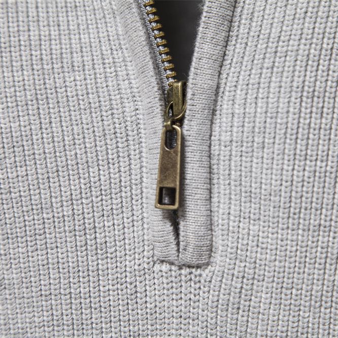 Close-up of the zip and ribbed stand collar on the men's textured half-zip sweater