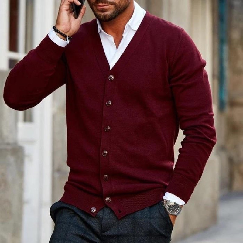Men's V-Neck Knit Cardigan with Button Front for Everyday Wear