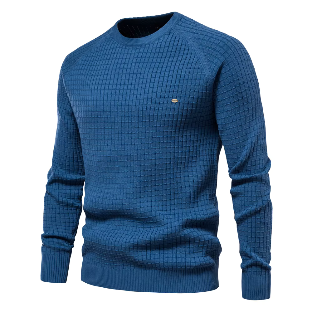 Men's waffle knit sweater in blue – front view