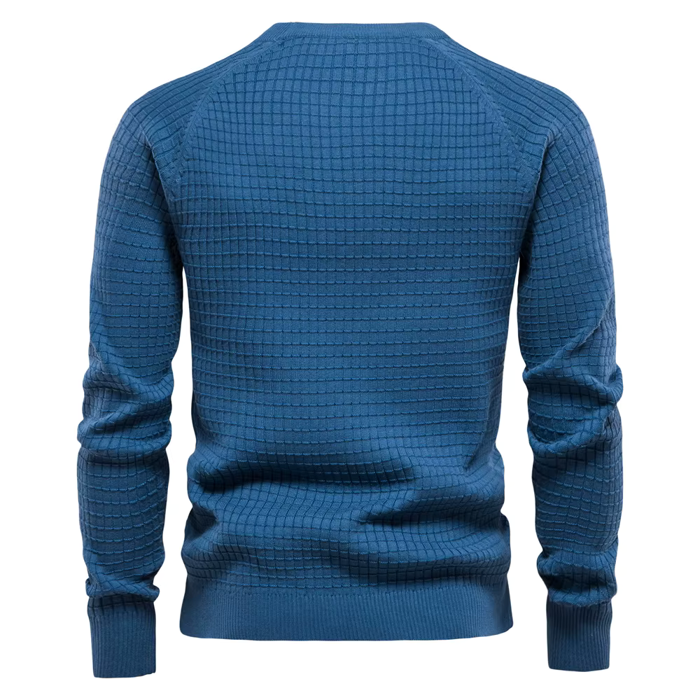 Men's waffle knit sweater in blue – back view