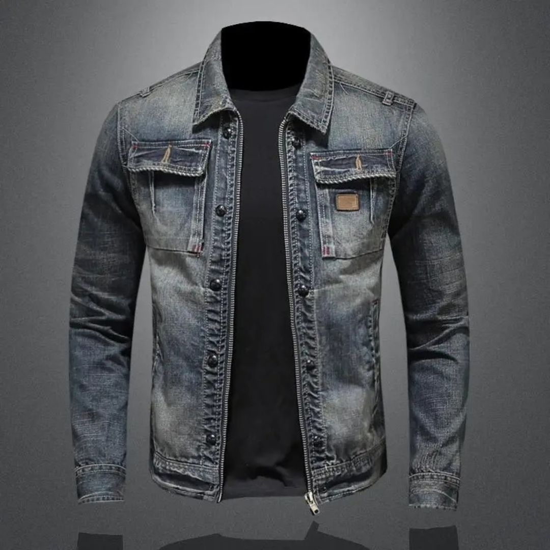 Men's washed denim zip jacket in grey blue – front view