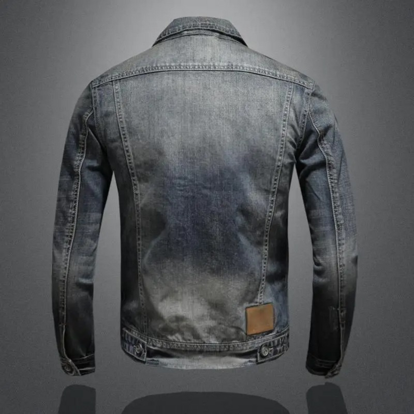 Men's washed denim zip jacket in grey blue – back view