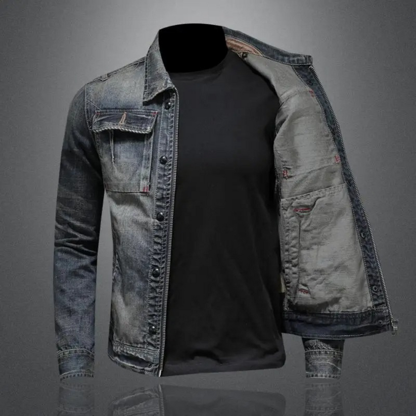 Men's washed denim zip jacket in grey blue – worn open