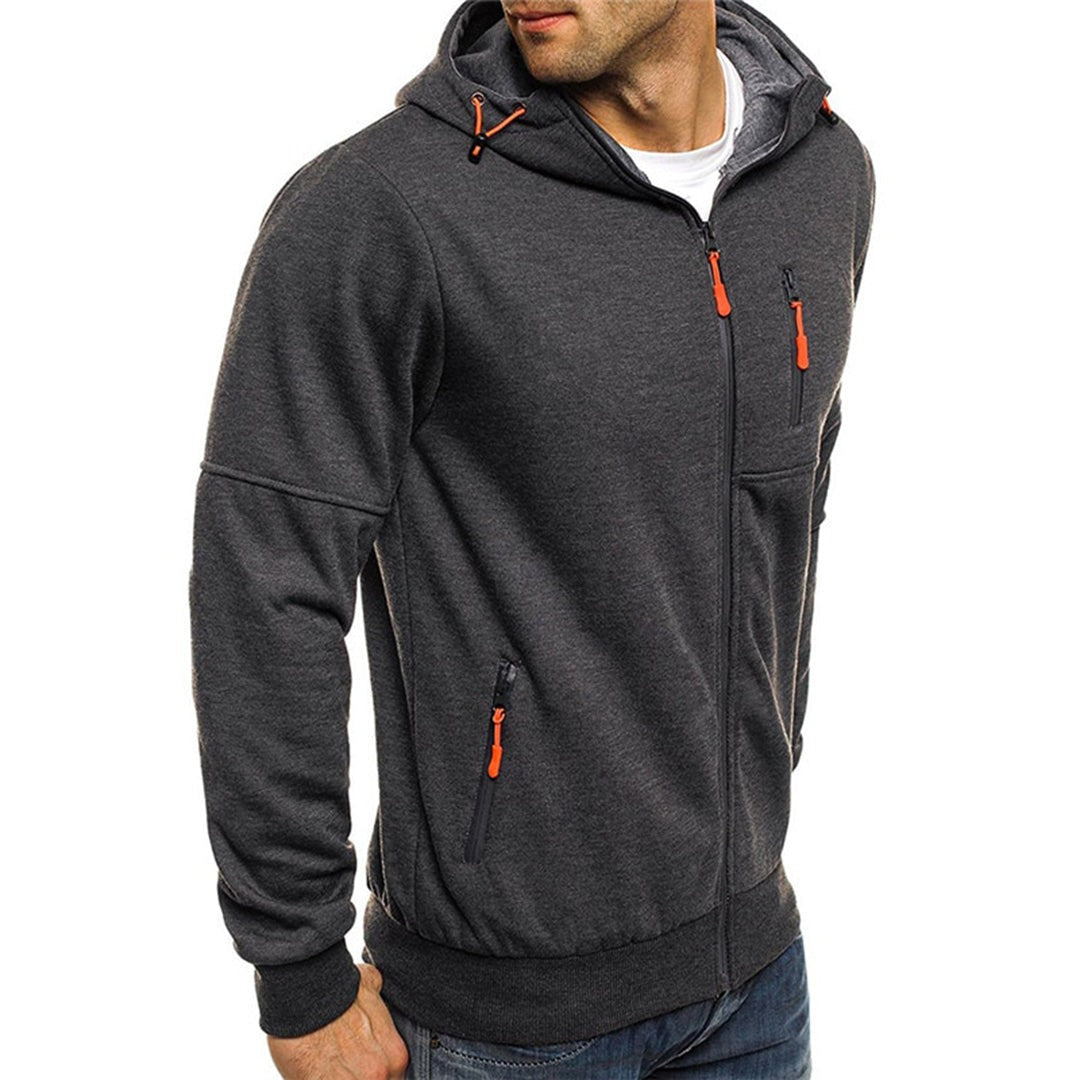 Men's Zip-Up Hoodie with Contrast Zip Details in dark grey, side view