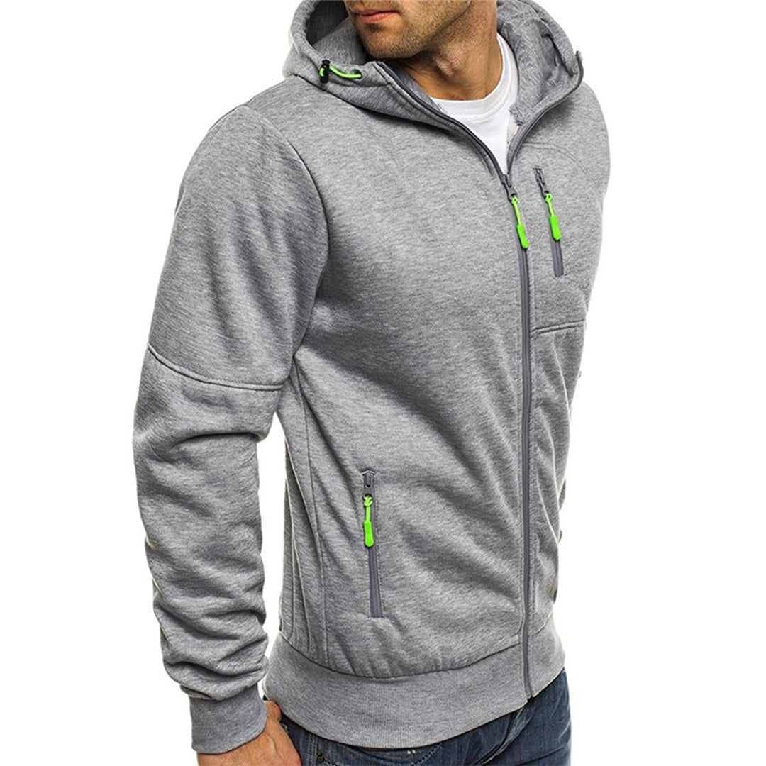 Men's Zip-Up Hoodie with Contrast Zip Details in light grey, side view