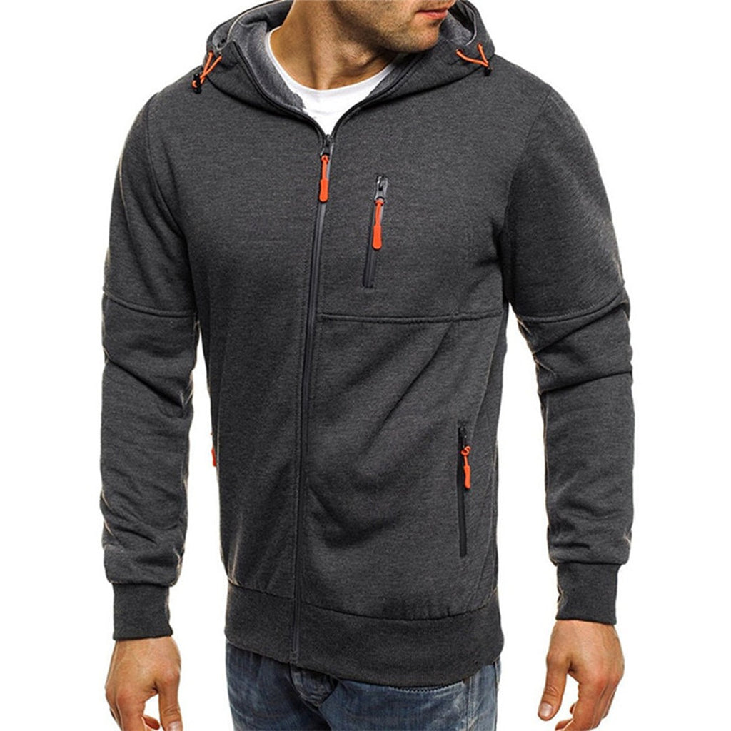 Men's Zip-Up Hoodie with Contrast Zip Details in dark grey, front view