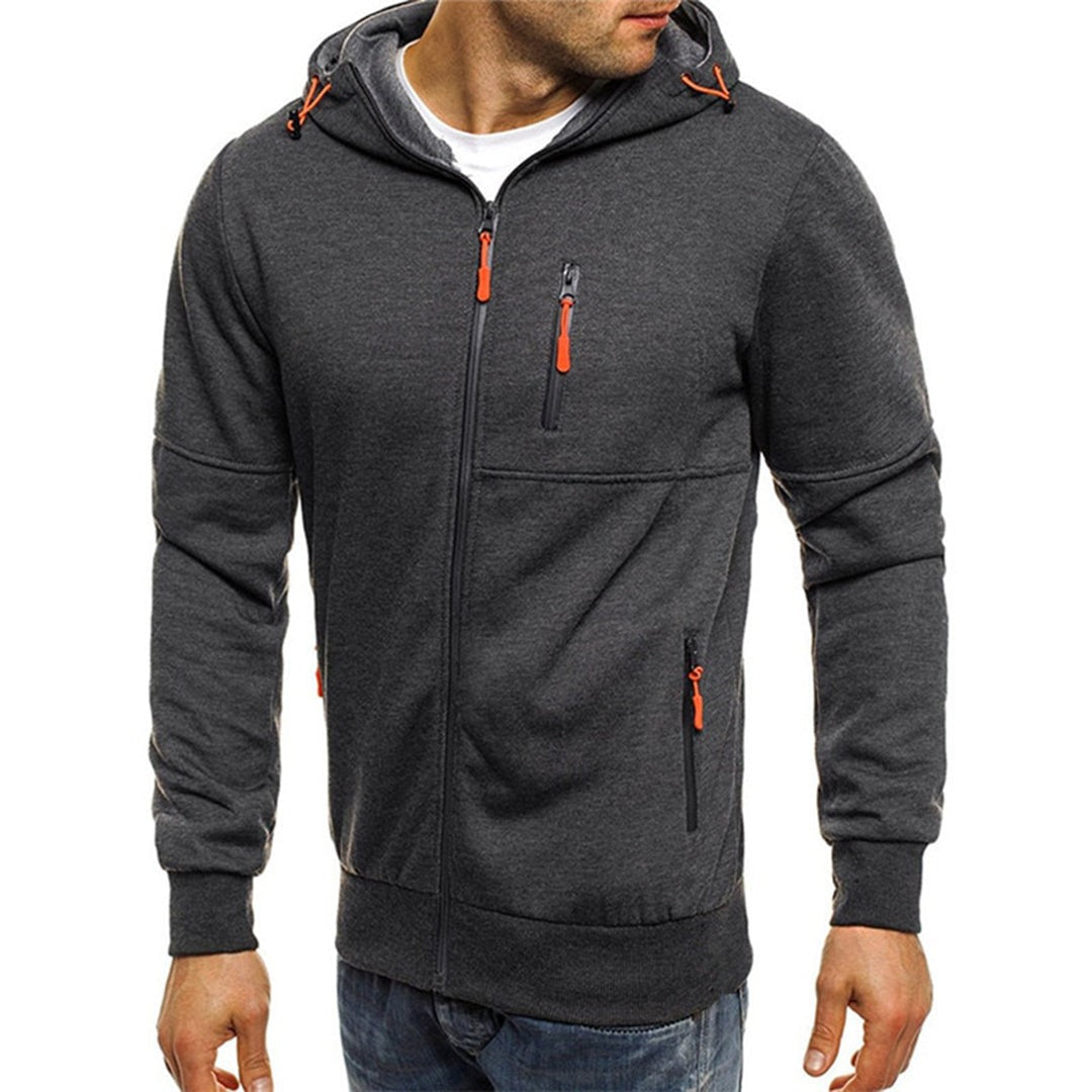 Men's Zip-Up Hoodie with Contrast Zip Details in dark grey, front view