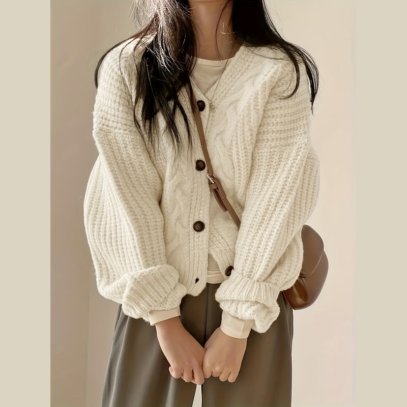 Cream women's chunky knit button cardigan – view 3
