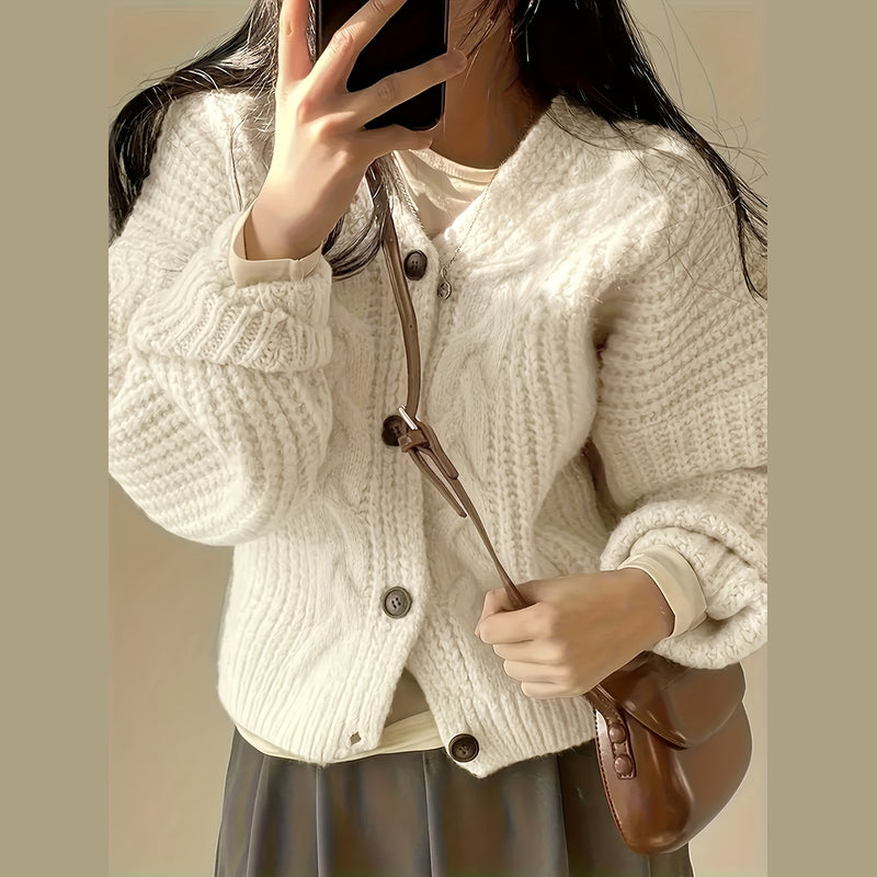 Cream women's chunky knit button cardigan – view 4