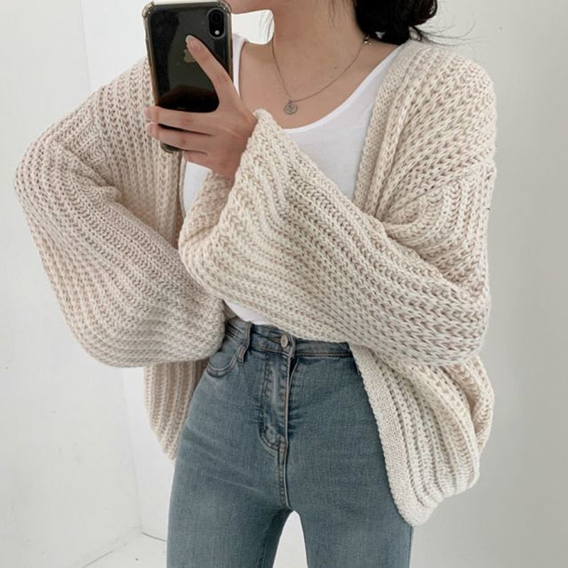 White women's chunky knit open-front cardigan – view 2