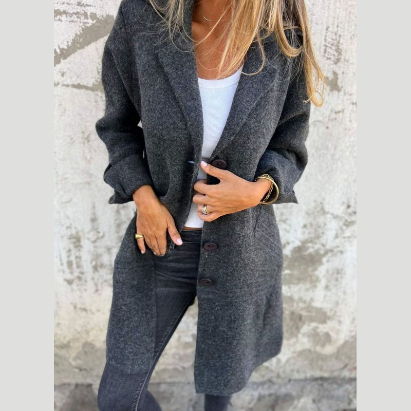 Dark grey women's oversized long jacket with lapel collar – view 2