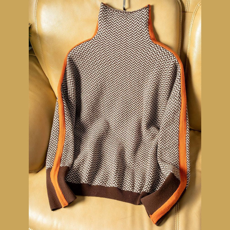 Orange women's turtleneck sweater with contrast sleeve stripes – view 4
