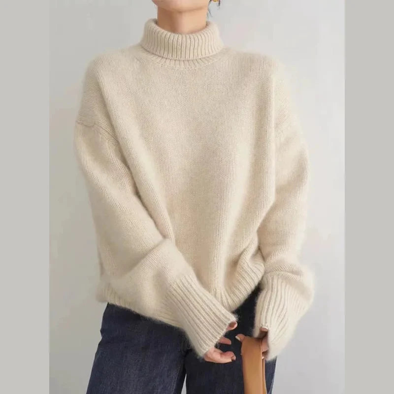 Beige women's relaxed turtleneck sweater – view 2