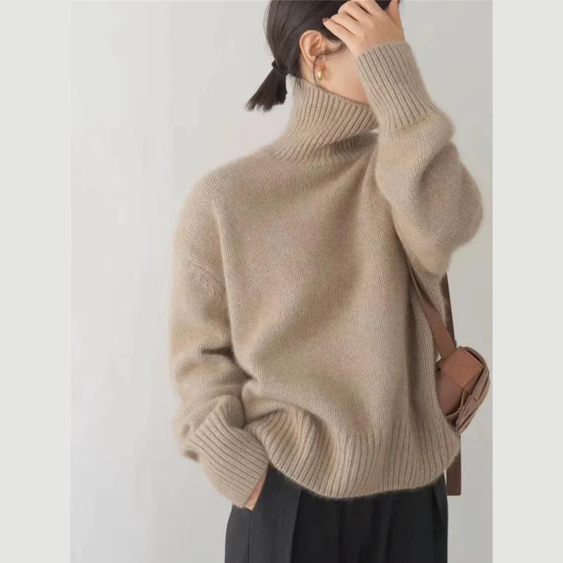 Khaki women's relaxed turtleneck sweater – view 2