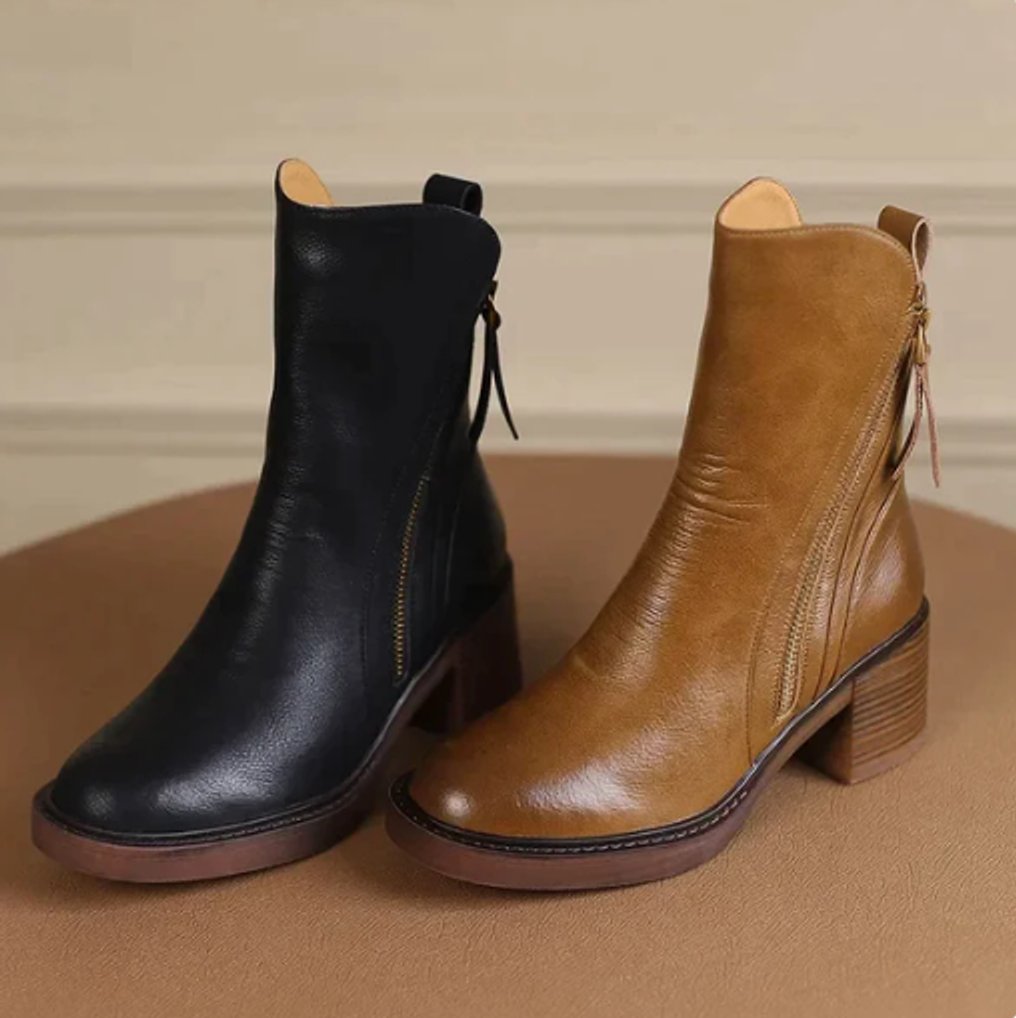 Women's block heel ankle boots in black and brown